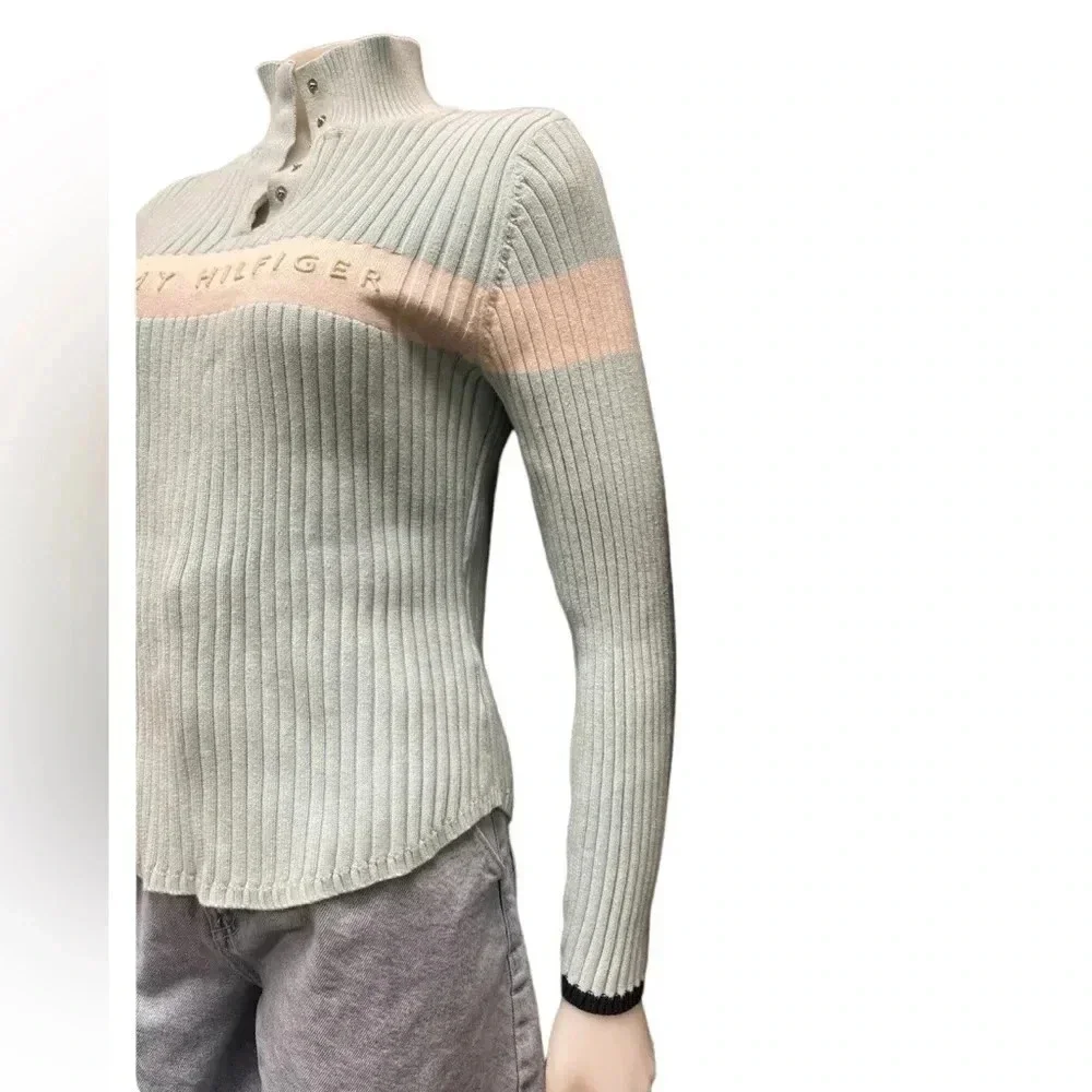Tommy Hilfiger Vintage Ribbed Fitted  Blue White Sweater Size Large - Picture 3 of 10